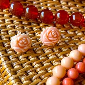 Authentic Coral 14K Yellow Gold Post Carved Rose Floral Earrings 3.1g Vintage